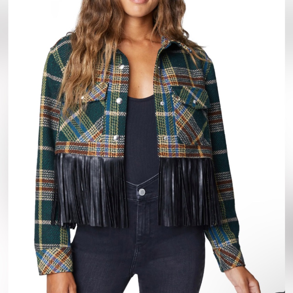 Blank NYC Plaid Green Crop Fringe Shacket Size L